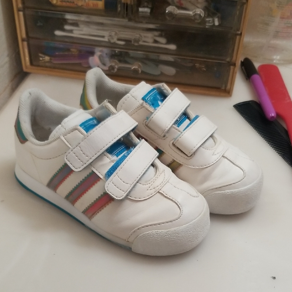 Adidas White and Blue Sneakers with Velcro Straps